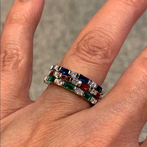 1.5mm Red Green Blue Gemstone CZ Wedding Band - Picture 3 of 8